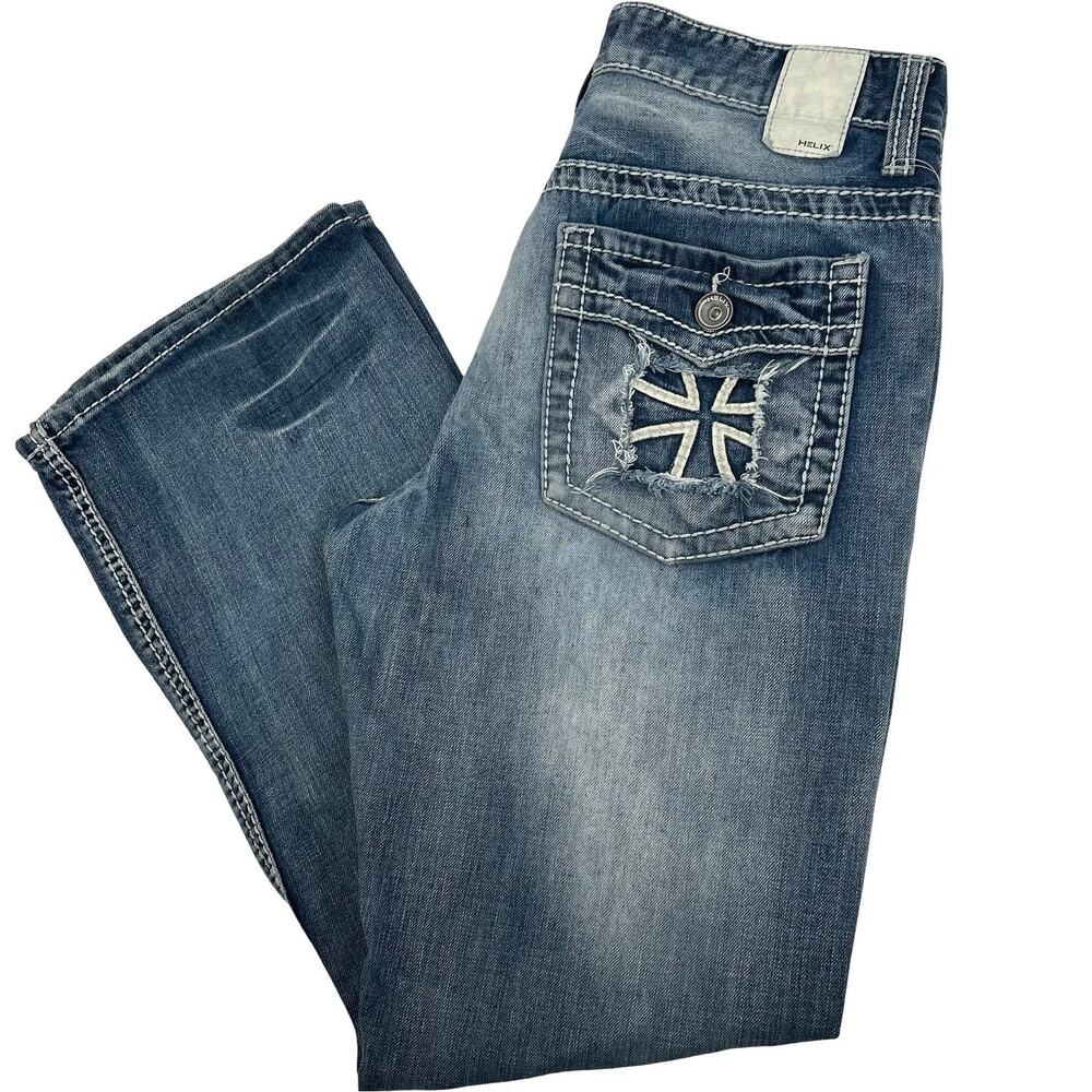 VTG Y2K Mens Helix Relaxed Fit Bootcut Faded Cross Pocket Blue Denim Jeans 30x30